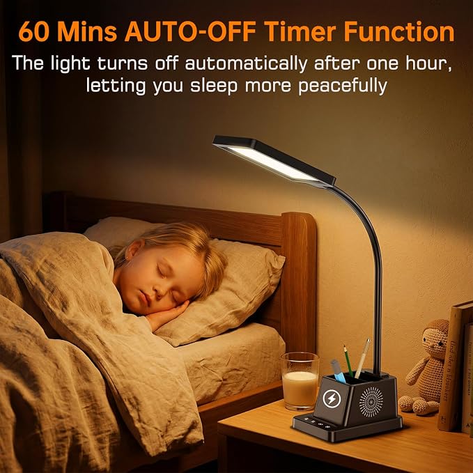 cozoo LED Desk Lamp for Home Office, Desk Light with 15W Wireless Charger Pen Holder, 12 Lighting Modes Desk Lamp for Bedroom, Small Table Lamp for College Dorm, Study, Craft, Nail, Black