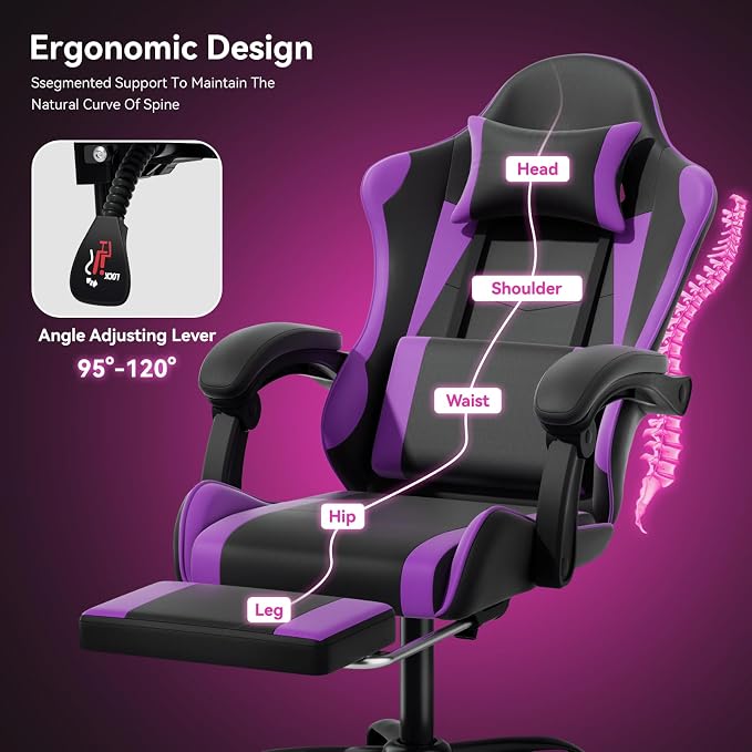 Gaming Chair, Ergonomic Computer Chairs with Arms, Lumbar Support, Footrest, Headrest 360°Swivel Chair, Adjustable Back and Height, Leather PC Chairs for Gaming, Study, Office, Black/Purple