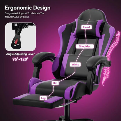 Gaming Chair, Ergonomic Computer Chairs with Arms, Lumbar Support, Footrest, Headrest 360°Swivel Chair, Adjustable Back and Height, Leather PC Chairs for Gaming, Study, Office, Black/Purple