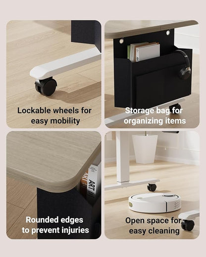 Coffee Table, Height Adjustable Electric Coffee Table with Storage Bag Lift Tabletop Dining Table Office Table with Lockable Wheels for Living Room (Grey Oak Look, 48 x 24 Inches)