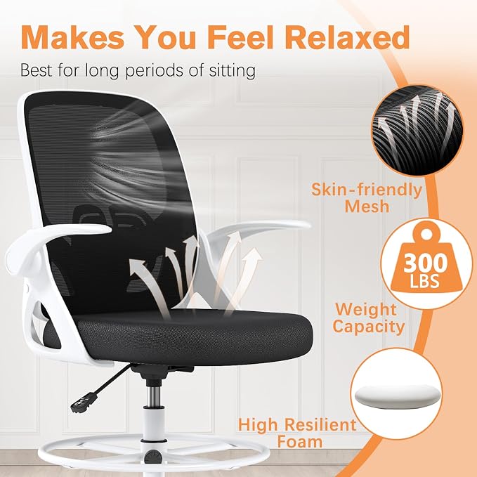 ORRSAKER Drafting Chair, Tall Office Chair with Flip-up Arms, Mesh Ergonomic Computer Standing Desk Chair with Adjustable Height Foot Ring and Lumbar Support, 300 LBS Capacity, White