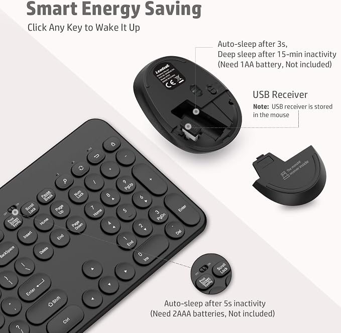 LeadsaiL Wireless Keyboard and Mouse, Full-Sized Ergonomic Computer Keyboard with Phone Tablet Holder, 2.4GHz Silent Cordless Keyboard Mouse Set for Windows Laptop, PC, Desktop - Black
