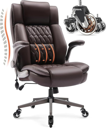Large High Back Office Chair - Adjustable Lumbar Support Flip Up Arms Heavy Duty Quiet Wheels Metal Base Breathable Bonded Leather Ergonomic Executive Computer Desk Chair with Storage Bags, Brown