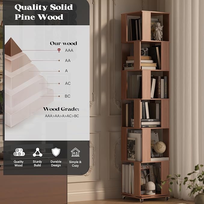 6 Tier Solid Wood Rotating Bookshelf Tower on Wheels, 360° Upgrade Spinning Book Shelf, Revolving Bookcase Organizer, Swivel Bookshelves for Small Spaces, Corner, Bedroom, Kids Room, Office (Brown)
