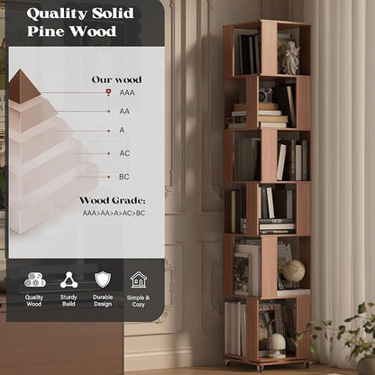 6 Tier Solid Wood Rotating Bookshelf Tower on Wheels, 360° Upgrade Spinning Book Shelf, Revolving Bookcase Organizer, Swivel Bookshelves for Small Spaces, Corner, Bedroom, Kids Room, Office (Brown)