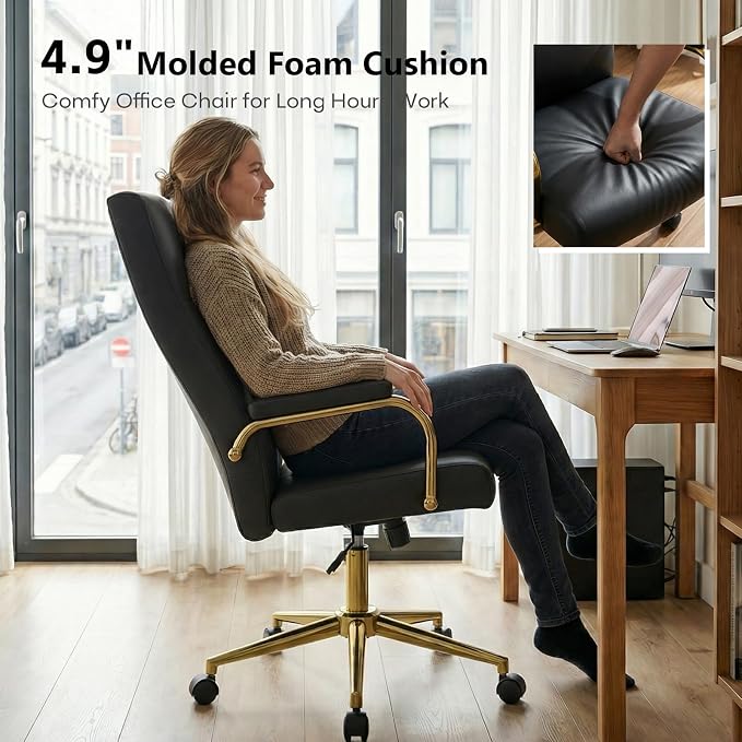 GXJ Black and Gold Office Chair with Memory Foam Seat, Computer Desk Chair | 4.9'' Memory Foam Seat and 4.7'' Comfortable Backrest, High Back Leather Executive Chair with Wheels and Arms for Women