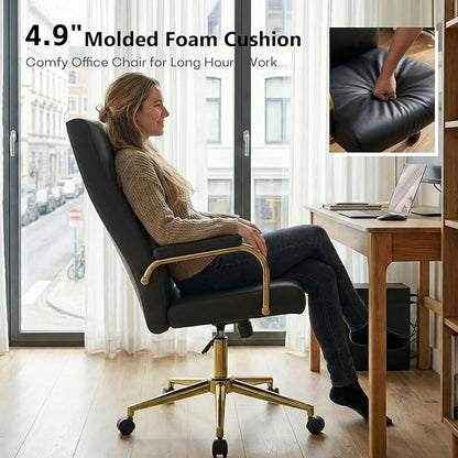 GXJ Black and Gold Office Chair with Memory Foam Seat, Computer Desk Chair | 4.9'' Memory Foam Seat and 4.7'' Comfortable Backrest, High Back Leather Executive Chair with Wheels and Arms for Women