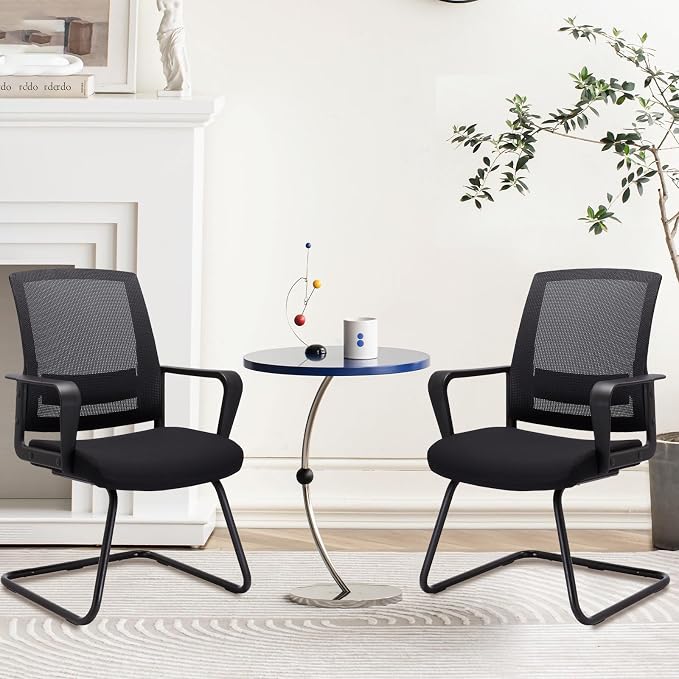 CLATINA Waiting Room Chairs with Armrests and Adjustable Lumbar Support, Breathable Mesh Back Desk Chair No Wheels, Office Guest Chairs & Reception Chair for Conference Room, Black, 4PK