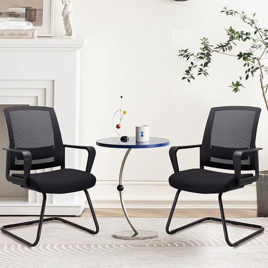 CLATINA Waiting Room Chairs with Armrests and Adjustable Lumbar Support, Breathable Mesh Back Desk Chair No Wheels, Office Guest Chairs & Reception Chair for Conference Room, Black, 4PK