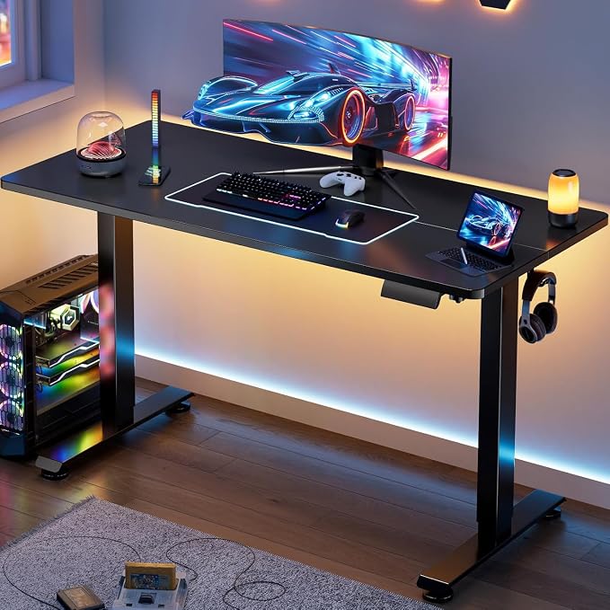 Veken 55 Inch, Height Adjustable Sit Stand Up, Wood Desktop, Work Home Office Computer PC Table, Tall Standup Workstation, Gaming Writing Study Bedroom Rising Desks, Black
