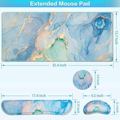 Desk Mat Blue, Large Gaming Mouse Pad with Wrist Rest, 4in1 XXL Mousepad+Keyboard Wrist Rest+Mouse Pad Wrist Support+Cup Coaster Set Ergonomic Computer Desk Arm Wrist for Decor Home Office Table Women