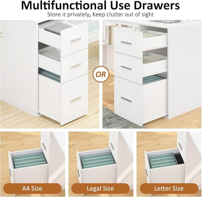 HSH White L Shaped Desk with Drawers Shelves, Large Home Office Corner Computer Desk with Storage File Cabinet, Modern Metal Wood Desk for Executive Writing Study Workstation, 59 Inch Bedroom Table