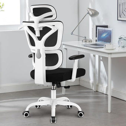 Winrise Office & Gaming Chair, High Back Ergonomic Reclining Desk Chair, Big & Tall, Comfy Home Office, Breathable Mesh, Adjustable Armrests (White)