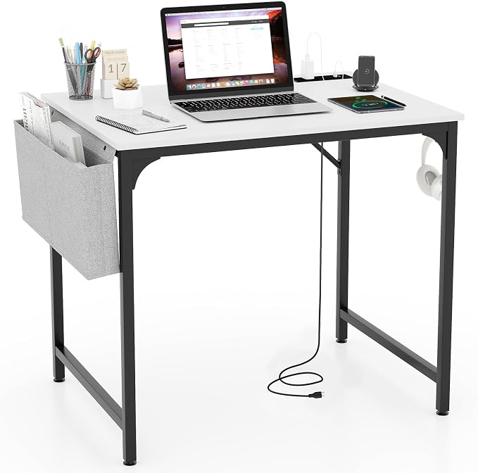 COSTWAY Home Office Desk, 32 Inch Computer Desk with Recessed Power Strip, Storage Bag & Headphone Hook, Wide Desktop, Modern Computer Workstation Writing Table for Home, Office (White + Black)