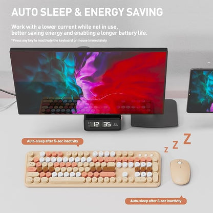 FOPETT 2.4GHz Wireless Keyboard and Mouse Set with Switch Button - Full-Size Keyboard - Compatible for Windows/Laptop/PC/Notebook/Smart TV and More - Milk Tea Colorful