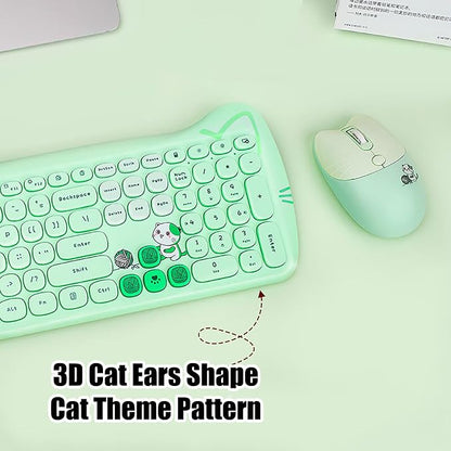 Cute Cat 2.4G USB Wireless Keyboard and Mouse Combo, Silent Keys, Candy Colors, Compatible with Notebook, PC (Green-110Keys)