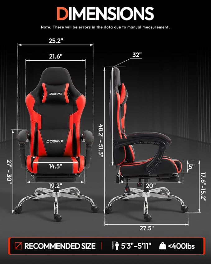 Dowinx Ergonomic Gaming Chair with Footrest & Massage Lumbar, 2D-Linkage Armrests for Computer Chair 330lbs with Headrest Pillow for Office, Home, Streaming and Long Gaming Sessions, Red