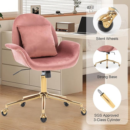 Pink Velvet Home Office Desk Chair with Gold Base for Women Girls, Swivel Makeup Vanity Chair with Pillow,Rose Upholstered Mid Back Adjustable Office Chair for Bedroom Living Room(Pink)