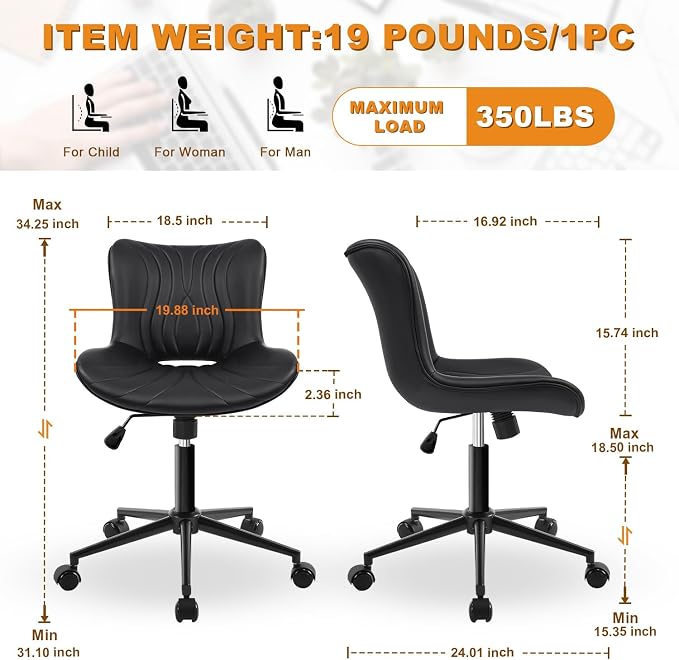Armless Office Chair, Height Adjustable Desk Chair with Wheels, Ergonomic Comfy 360° Swivel Home Office Computer Task Chair, Faux Leather Padded Cute Vanity Chair,Black
