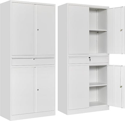 SISESOL White Metal Storage Cabinet with Drawer and Locks,Garage Storage Cabinet with Locking Doors and Adjustable Shelves,71" Tall Large Metal Cabinets with Magnetic Door for Home,Office,Garage