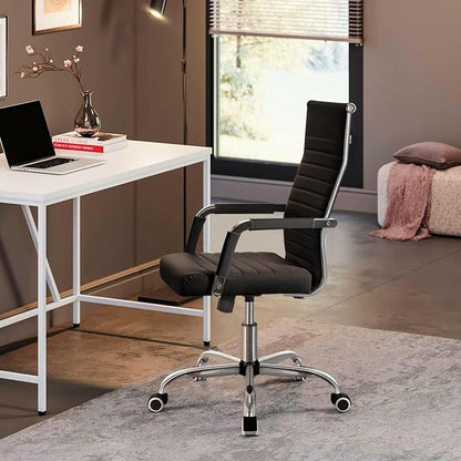 Shahoo Ribbed Office Chair, Mid-Back PU Leather Office Chair Executive Task Chair with 360° Swivel Wheels for Conference Room, Home Offices (Black)