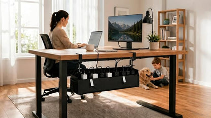 Large Under Desk Cable Management Tray, 28", Black Standing Under Cable | No Drill, Fabric Cord Organizer with Reinforced Base, Clamp Mount Wire Management, For Office/Home & Standing Desk