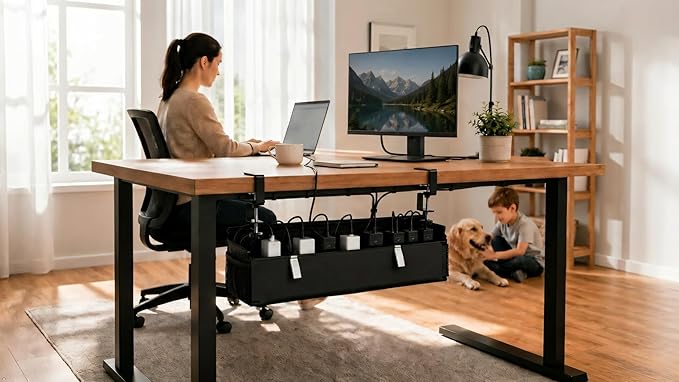 Large Under Desk Cable Management Tray, 28", Black Standing Under Cable | No Drill, Fabric Cord Organizer with Reinforced Base, Clamp Mount Wire Management, For Office/Home & Standing Desk