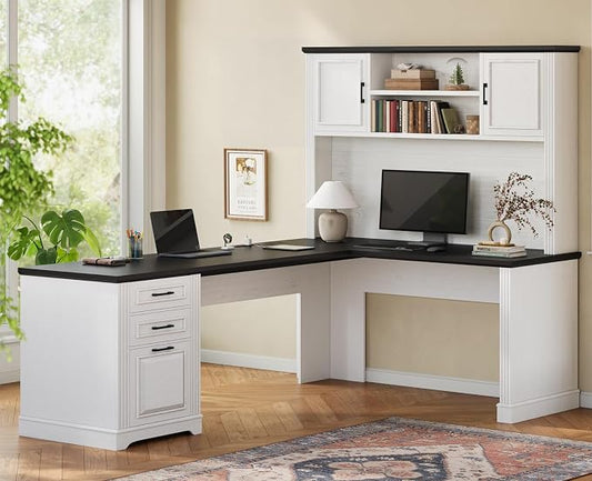 Itaar Farmhouse 68.9" L Shaped Desk with Hutch, Executive Home Office Desk with File Drawer and Power Outlet, Computer Corner Desk with Storage Cabinet, Workstation for Office Home, White