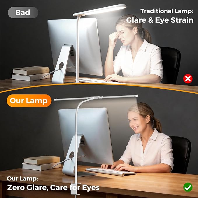 SKYLEO LED Desk Lamp with Clamp - Double Head Desk Light with Remote and Touch - Eye Protection - 12 W, 5 Color Modes, Timer and Memory Function, Flexible Gooseneck - for Office, Reading - White
