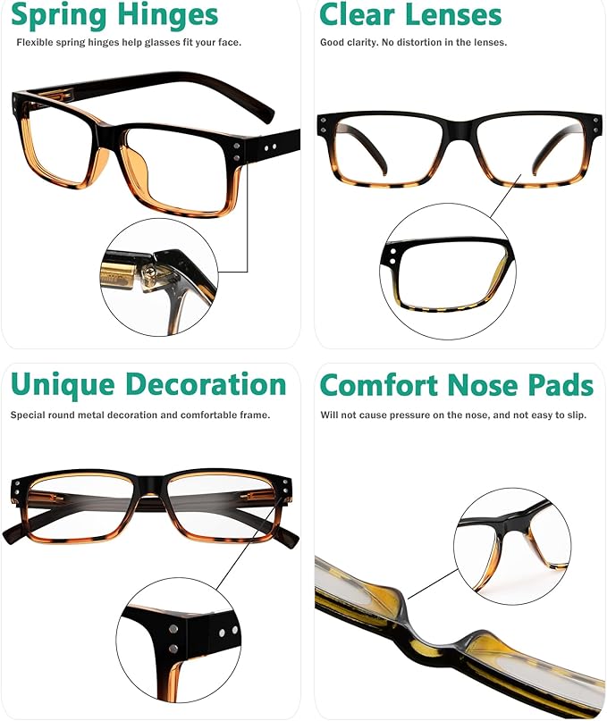 Eyekepper Vintage Reading Glasses for Men - 5 Pack Spring Hinges Classic Readers - Black-Tortoise Frame +1.75