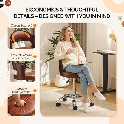 VINGLI Armless Home Office Desk Chair, Adjustable Swivel Chair,Dual-Use with/no Wheels,Small Retro Designed Walnut Curved Task Chair,Cushioned Nail Tech Chair for Study Area,Workspace,PU,Brown