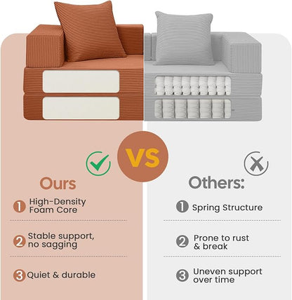 COMAX Futon Sofa Bed, 4‑in‑1 Convertible Sofa Bed, Folding Boneless Couches | Boneless Couch for living room, Fold Out Small Foldable Loveseat Floor Sleeper Mattress Lounge Space‑Saving, Light Orange