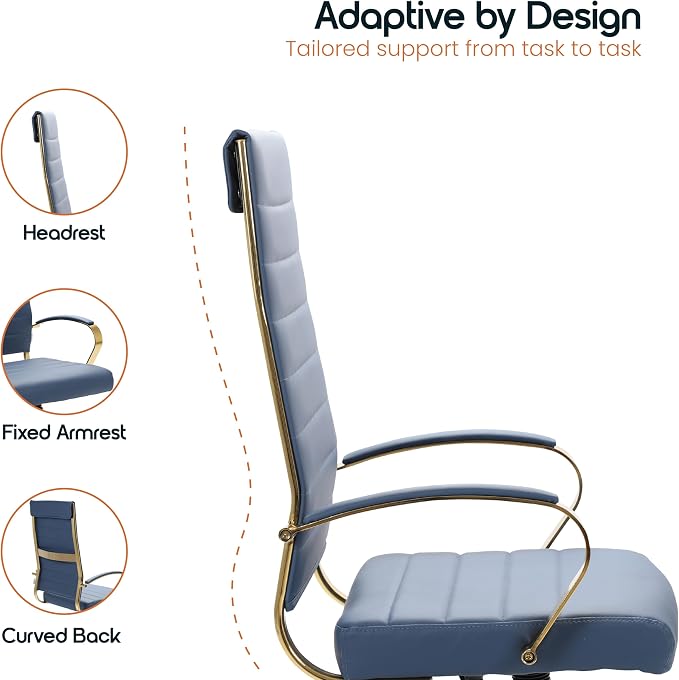 LeisureMod Modern High-Back Leather Office Chair - Swivel & Adjustable Executive Desk Chair with Gold Frame, Ergonomic Design for Home & Office (Navy Blue, Pallet (x30))