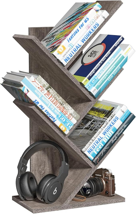 SHEEPAM 5 Tier Tree Book Shelf, Small Desktop Bookshelf with Storage Organizer, Wood Bookcase, Desk Display Bookshelves, Floor Standing Organizer Bookcases for Living Room,Bedroom,Office - Light Grey