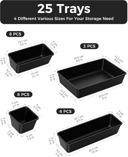 BiuLeon 25 PCS Plastic Drawer Organizers Set, 4-Sizes Vanity and Makeup Organizer, Desk and bathroom Drawer Organizer Trays, Organizers and Storage for Makeup, Jewelry, Gadgets, Utensils (Black)