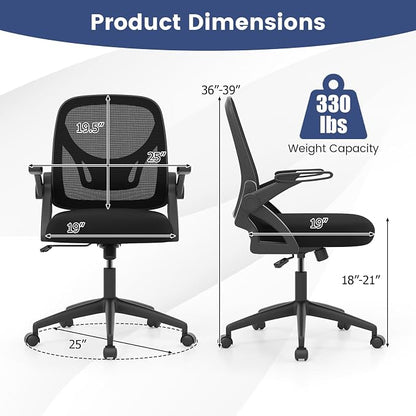 COSTWAY Office Chair, Comfy Swivel Rolling Desk Chair with Adjustable Height & Flip-Up Armrests, Ergonomic Mesh Computer Chairs with Lumbar Support for Working & Gaming (Black)
