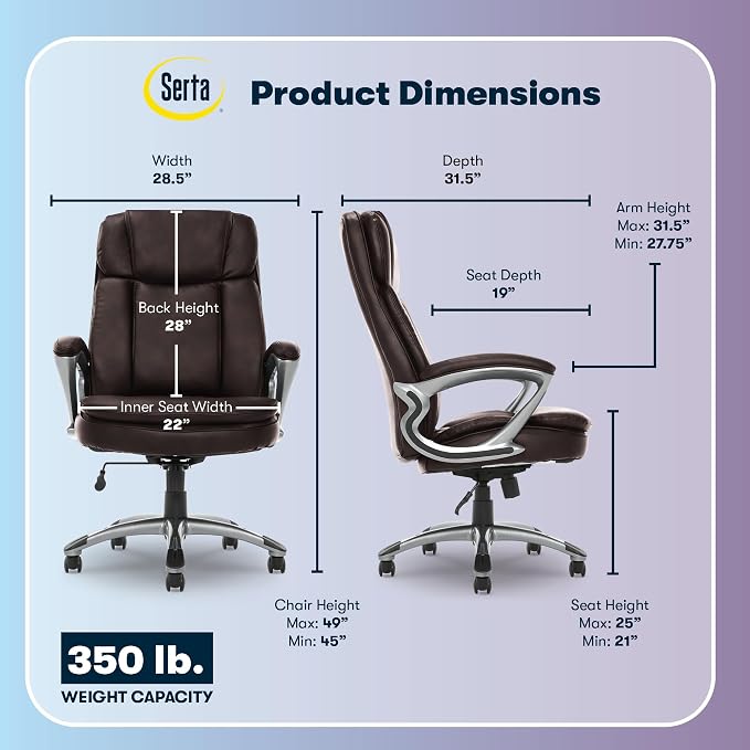 Serta Fairbanks Big and Tall Executive Office Chair - Ergonomic High Back Computer DeskChair with Lumbar Support, Memory Foam Seat Cushion, Padded Armrests, Bonded Leather, 350 lb Capacity - Brown