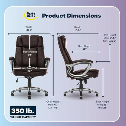 Serta Fairbanks Big and Tall Executive Office Chair - Ergonomic High Back Computer DeskChair with Lumbar Support, Memory Foam Seat Cushion, Padded Armrests, Bonded Leather, 350 lb Capacity - Brown