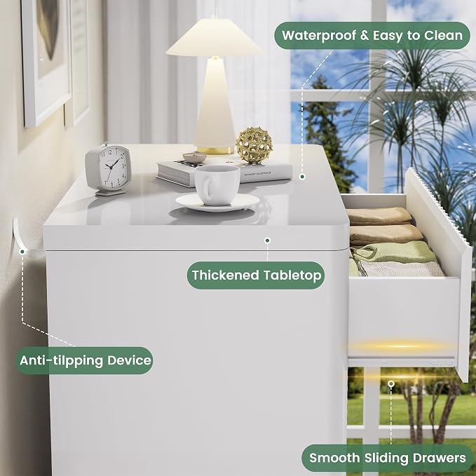 White Nightstand with 3 Drawers, Fluted Nightstand with Large Storage, Modern Handleless Design Bedside Table for Bedroom, End Table for Living Room, Unique Curved Profile Side Table