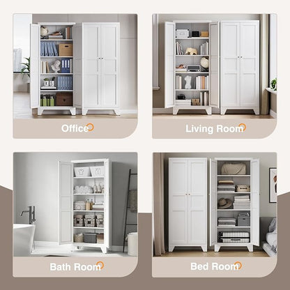 Yizosh Metal Storage Cabinet with 2 Doors and 4 Adjustable Shelves - 71" White Kitchen Pantry Storage 4-Tier Tall Steel Cabinets Locker for Kitchen, Living Room, Dining Room