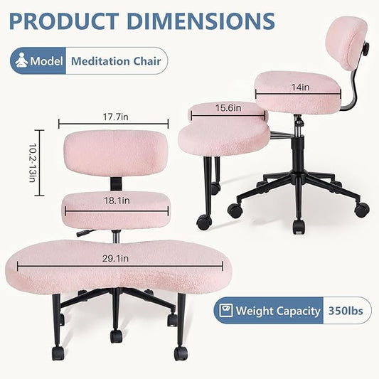 DUMOS Ergonomic ADHD Cross Legged Office Desk Chair with Adjustable Backrest, Height Adjustable Meditation Chair with 360° Swivel Footstool, Teddy Fleece Yoga Stool for Home Office, Pink