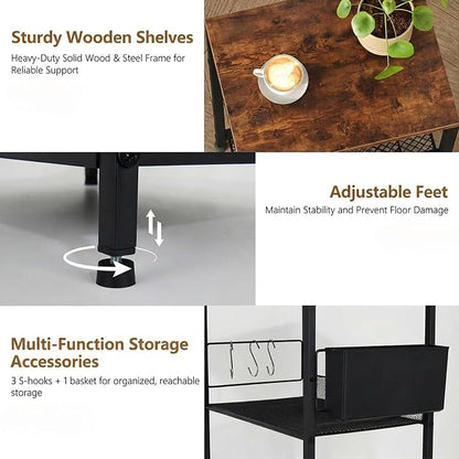 ECOLOVI 3 Tier Printer Stand for Under Desk, Height Adjustable Shelf Small Printer Table with 3 S-Hooks & Basket, Heavy Duty Industrial Storage Shelf for Home Office (Rustic Brown)