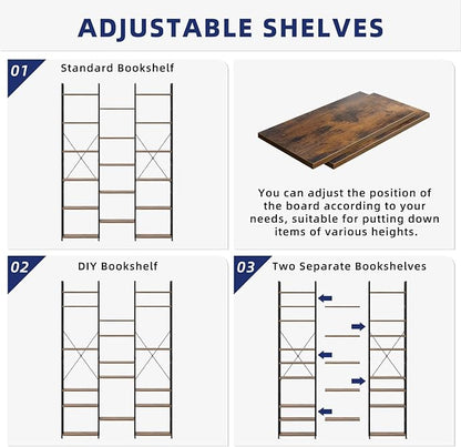 NUMENN Triple Column 6 Tier Bookshelf, Bookcase with 17 Open Display Shelves, Adjustable Rustic Industrial Style Book Shelves, Modern Bookshelves for Bedroom, Living Room and Home Office, Vintage