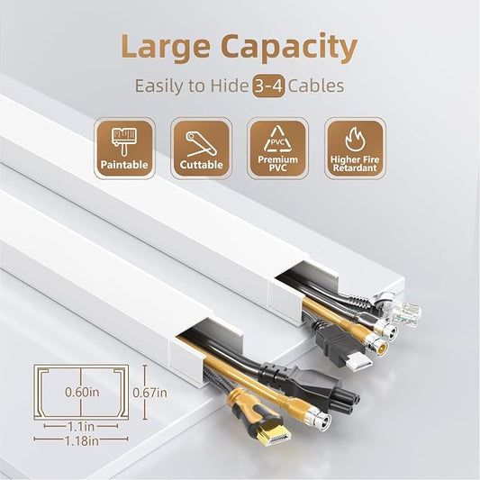 Delamu Cable Hider, 315in Cord Covers for 3-4 Wires on Wall, Large TV Cord Hider Wall, Paintable Wire Hiders Wire Covers for TV Cords on Wall, Easy Mount Cable Cover Raceway Kit, W1.18 H0.6in, White