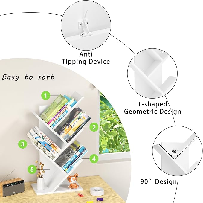 SHEEPAM 5 Tier Tree Book Shelf, Small Desktop Bookshelf with Storage Organizer, Wood Bookcase, Desk Display Bookshelves, Floor Standing Organizer Bookcases for Living Room,Bedroom,Office-White