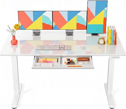 Marsail Glass Standing Desk with Drawer, 55 x 28 Inches Adjustable Desk, Home Office Desks with One-Piece Tempered Glass Top, Ergonomic Home Office Sit Stand Desk with 4 Preset Heights, White