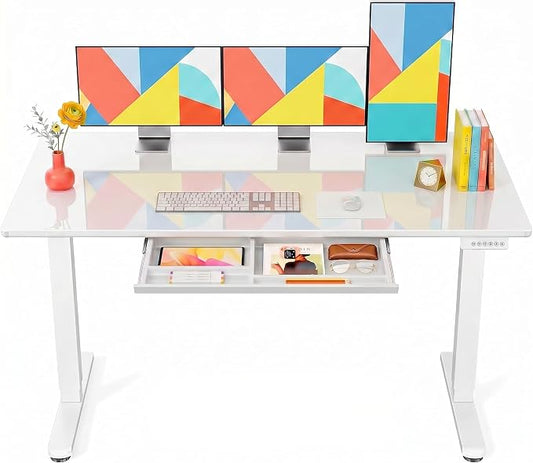 Marsail Glass Standing Desk with Drawer, 55 x 28 Inches Adjustable Desk, Home Office Desks with One-Piece Tempered Glass Top, Ergonomic Home Office Sit Stand Desk with 4 Preset Heights, White