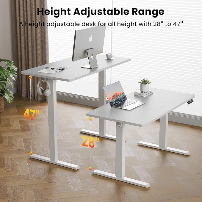 WALKINGDESK 55x24 Inches Height Adjustable Electric Standing Desk with 2 Hooks for Home Office, Ergonomic Sit Stand up Desk with Splice Board, White