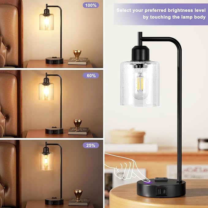 Industrial Touch Table Lamps for Bedrooms Set of 2 - 3-Way Dimmable Lamps with USB C+A Ports and Outlet, Black Bedside Lamps with Seeded Clear Glass Shade for Living Room, Desk Lamps for Home Office