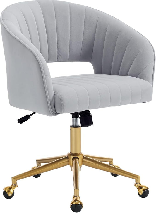 Home Office Chair Swivel Velvet Desk Chair Accent Armchair Upholstered Modern Tufted Chairs with Gold Base for Girls Women Ergonomic Study Seat Computer Task Stools for Living Room(Light Gray)